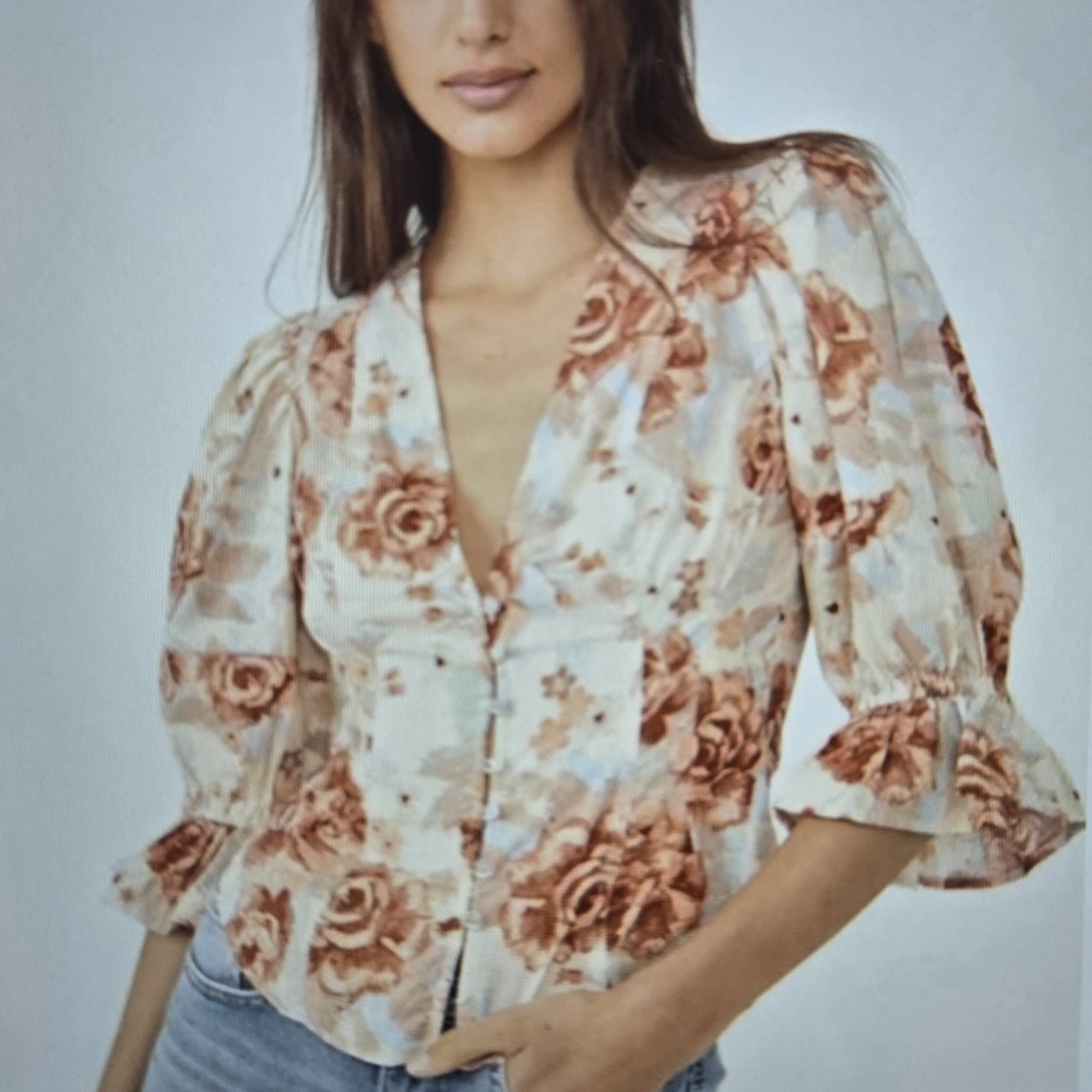 NWT Free People Rose Print Puff Sleeve Blouse S